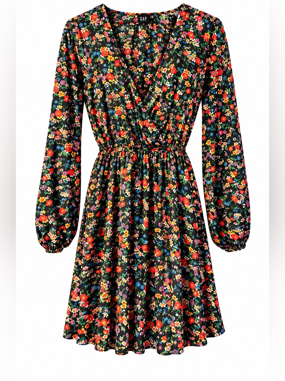 GAP Black Floral Long Sleeve V-Neck Dress with Elastic Waist